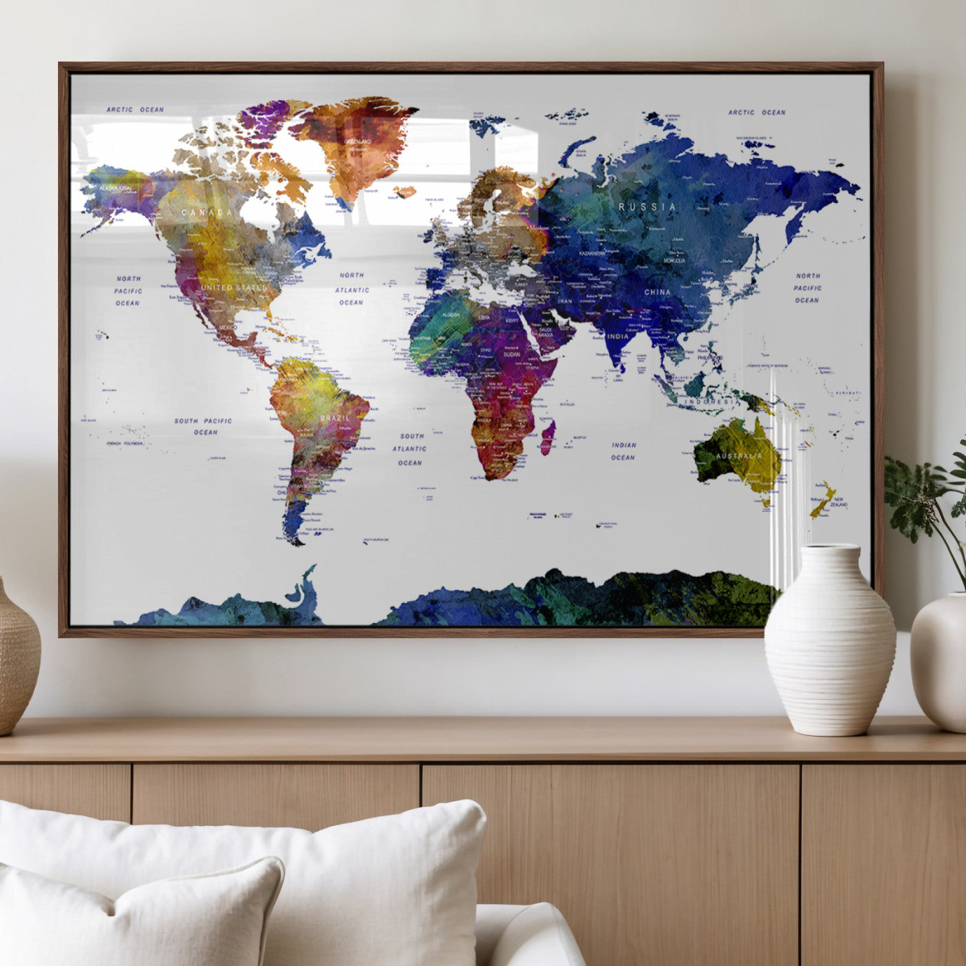 90446-MGV-FP-36X24-3P_Walnut-Colorful Watercolor World Map Canvas Wall Art – Framed Modern Push Pin Travel Map for Home and Office Decor