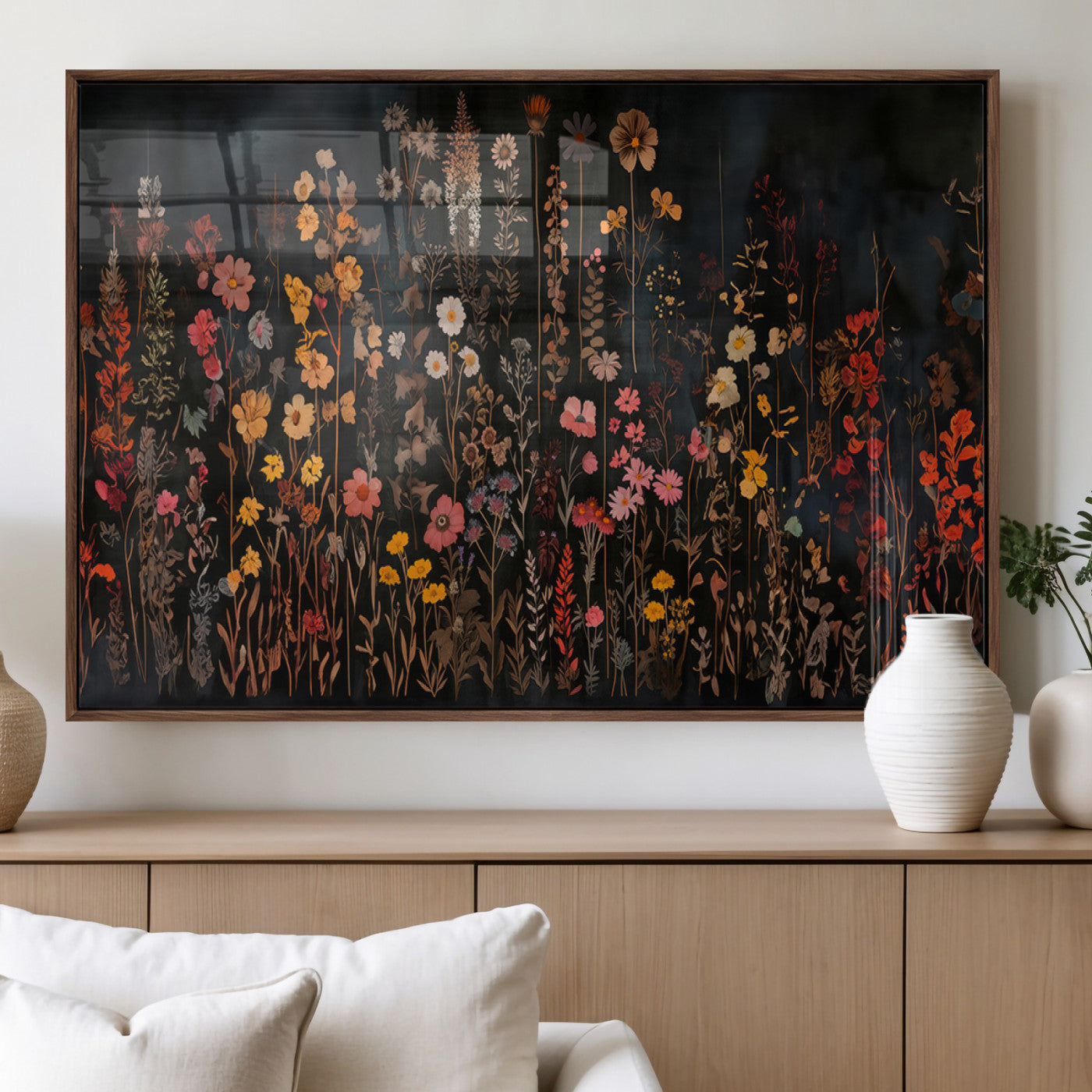 AbstFLF-MGV-FP-36X24-3P_Walnut-Large Floral Painting Print Illustration Flowers Canvas Wall Art Botanical Wall Decor Modern