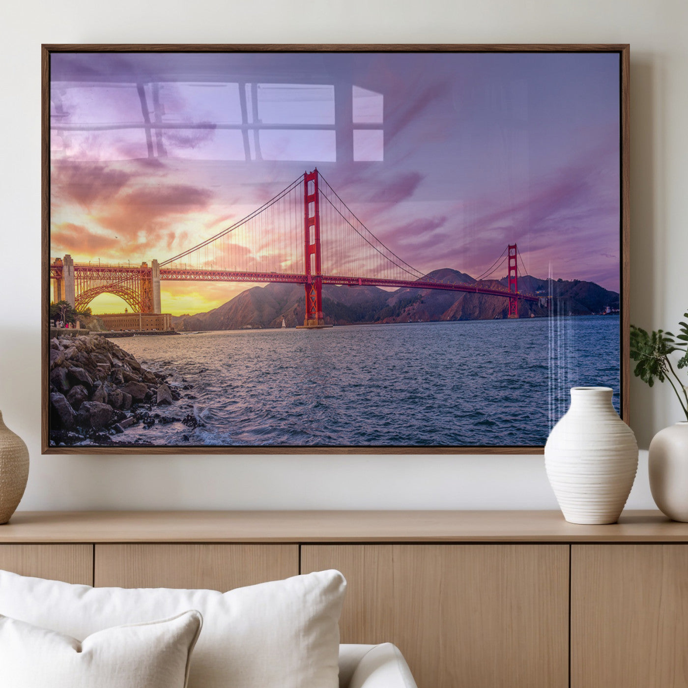 MGV-FP-36X24-3P - Golden Gate Bridge Wall Art Print, San Francisco Sunset Canvas Wall Art, Cityscape Canvas Print for