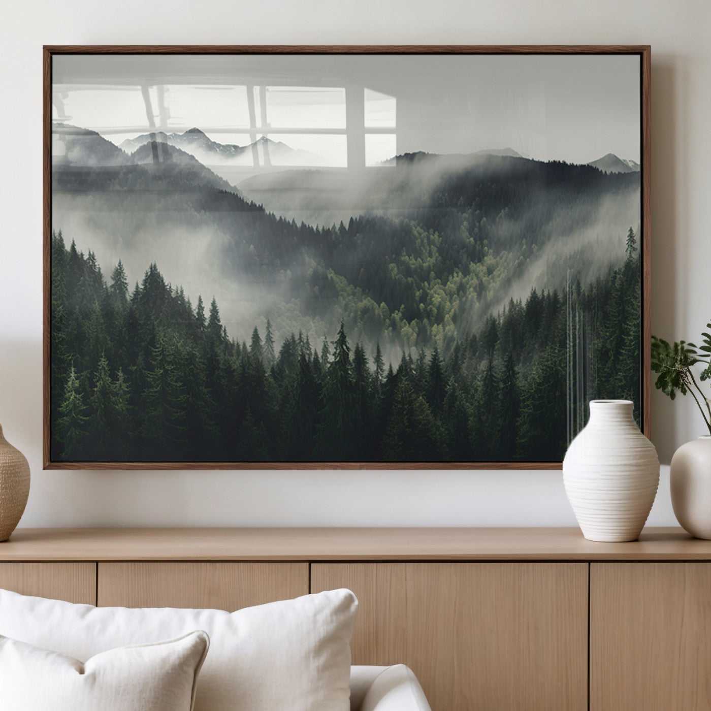 90953-MGV-FP-36X24-3P_Walnut-Misty Forest Canvas Print Wall Art Premium Canvas Print a Foggy and Serene Atmosphere