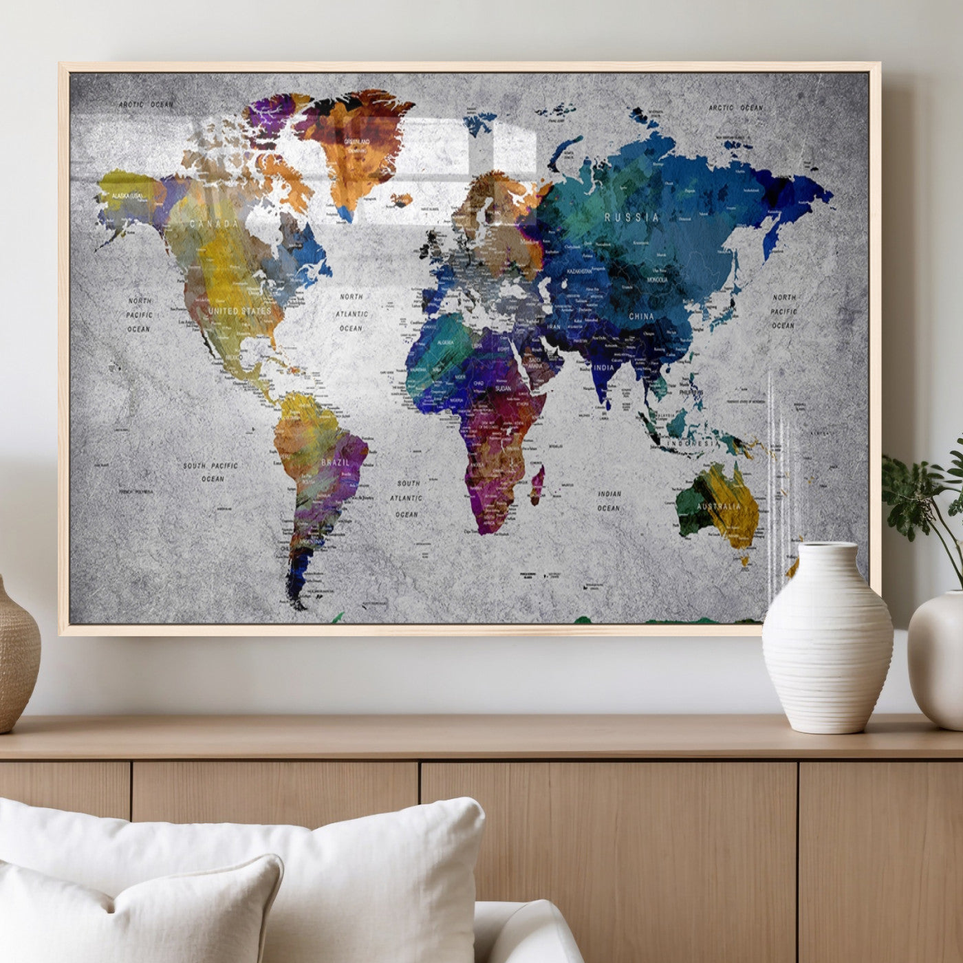 73670-MGV-FP-36X24-3P_Natural-Push Pin World Map Canvas Print – Travel Tracker Wall Art for Couples, Perfect Anniversary Gift for Home or Office Decor