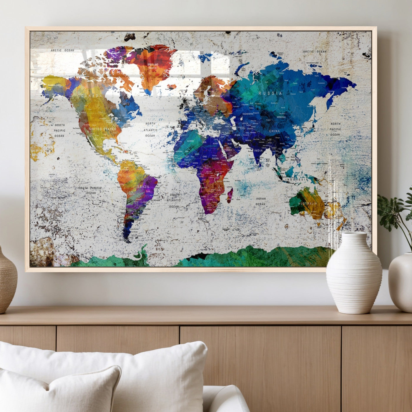 47974-MGV-FP-36X24-3P_Natural-Push Pin World Map Canvas Print – Travel Tracker Wall Art for Couples, Perfect Anniversary Gift for Home or Office Decor