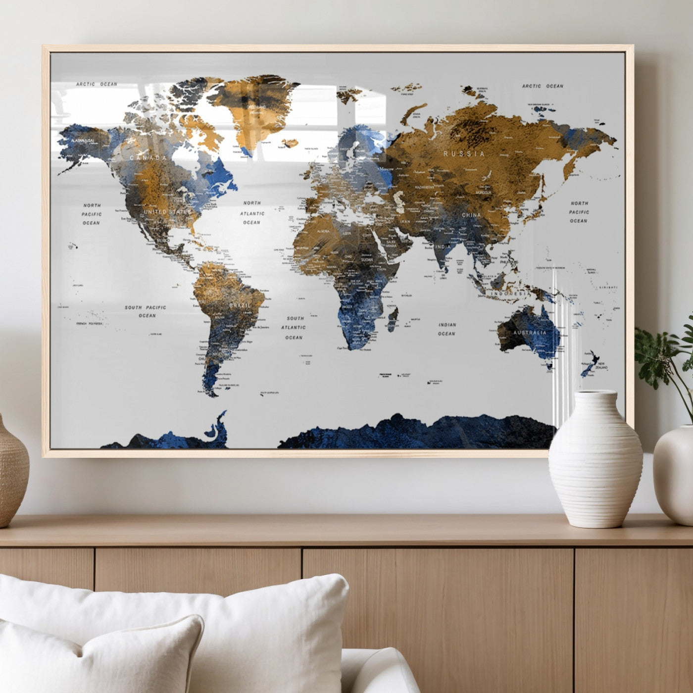 56231-MGV-FP-36X24-3P_Natural-Navy and Gold World Map Canvas Wall Art – Framed Modern World Map Print, Elegant Travel Inspired Artwork for Home and Office Decor