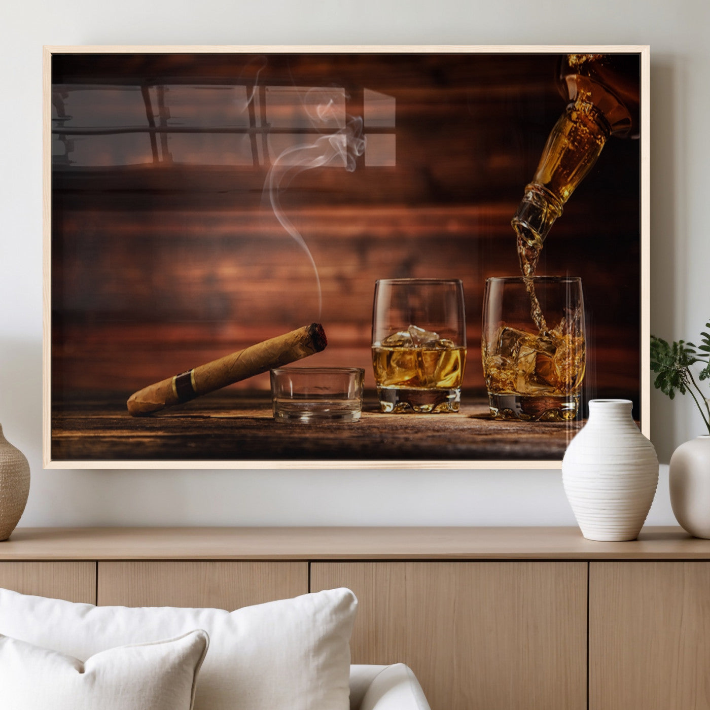 91042-MGV-FP-36X24-3P_Natural-Whiskey and Cigar Wall Art Canvas | 3 Panel Bar Room Decor for Home Lounge, Office, or Man Cave |
