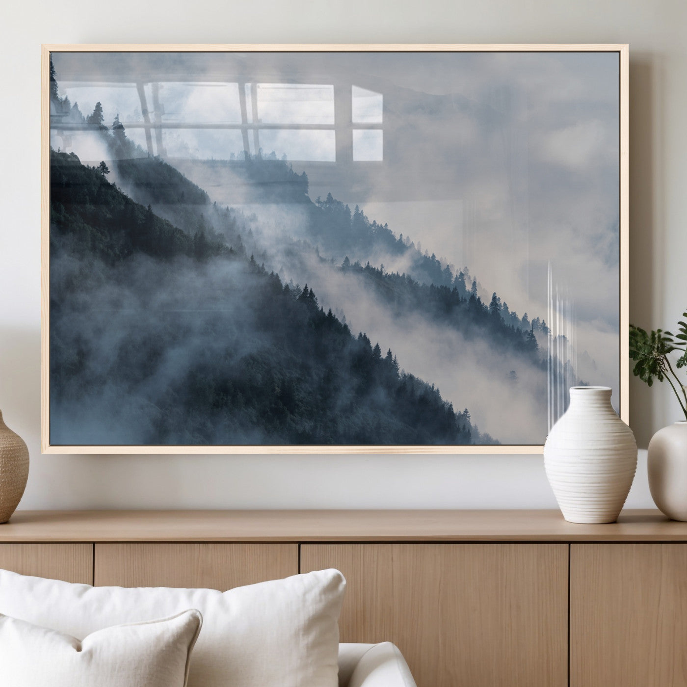 85737-MGV-FP-36X24-3P_Natural-Foggy Forest Wall Art Canvas Print – Misty Mountain Landscape Decor – Ready to Hang Nature-Inspired