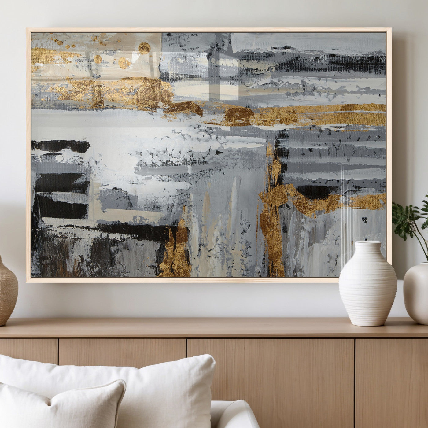 43177-MGV-FP-60X30-3P_Natural-Abstract Painting Canvas Wall Art Print Paint Drip Art Brush Strokes Gray Artwork