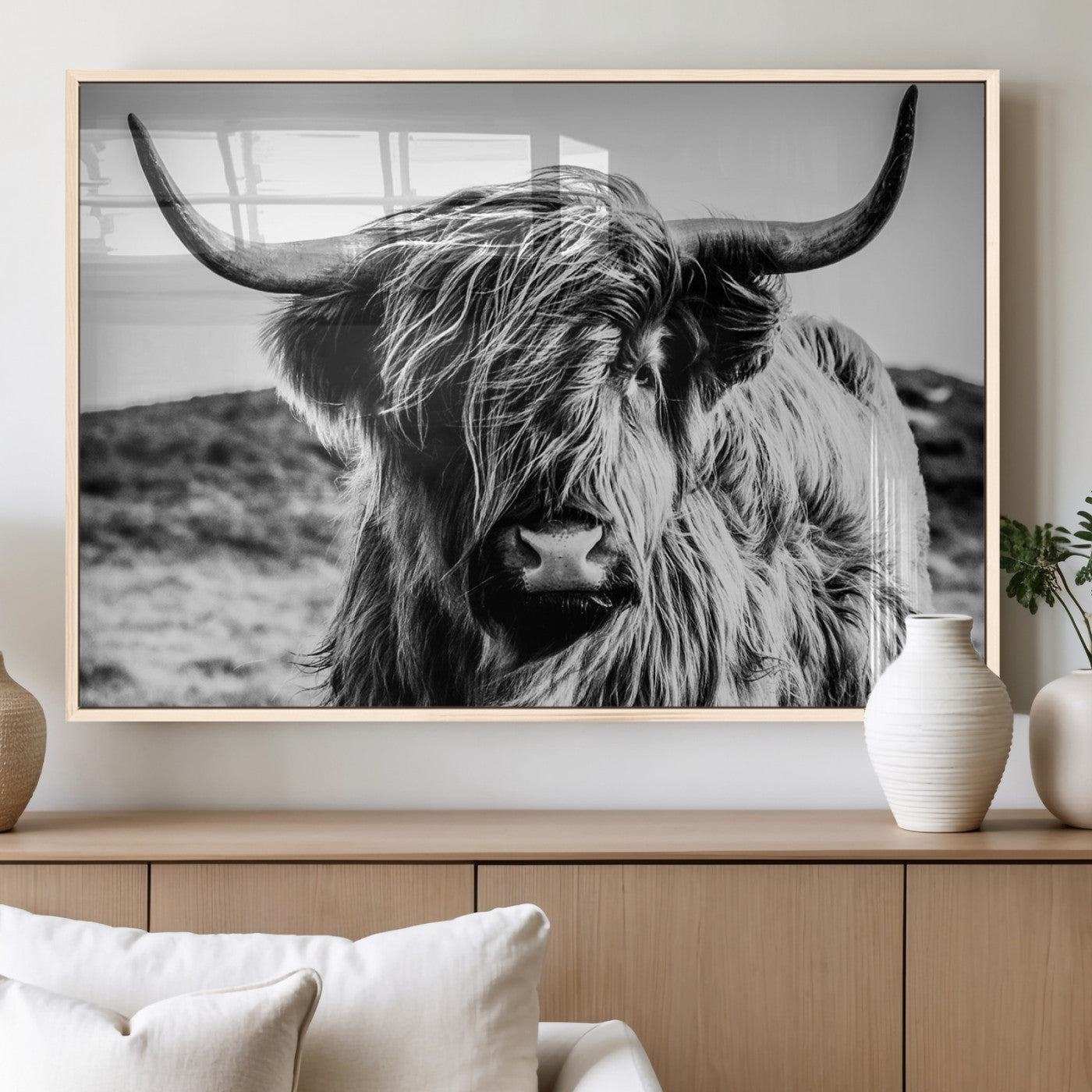 36979-MGV-CV-36X24 - Handsome Scottish Cow Black and White Wall Decor Canvas Art Print Extra Large Wall Art Highland Cattle Canvas Picture Animal Art Nature Photography High Quality Original Canvas Framed Ready to Hang