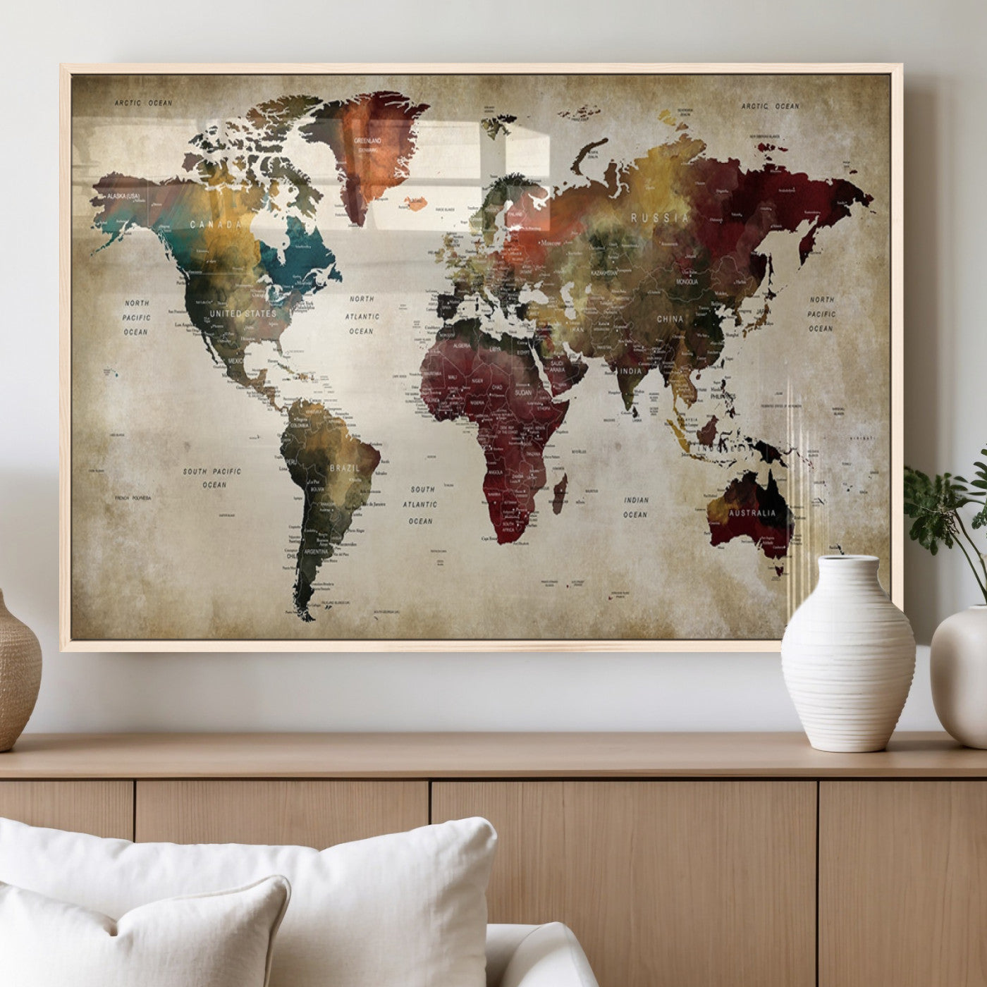 63870-MGV-FP-36X24-3P_Natural-World Map Wall Art Canvas Print, Framed Push Pin Map Art Picture Print, Abstract Traveller Map Perfect Modern Decor Artwork for Living Room or Office Decor