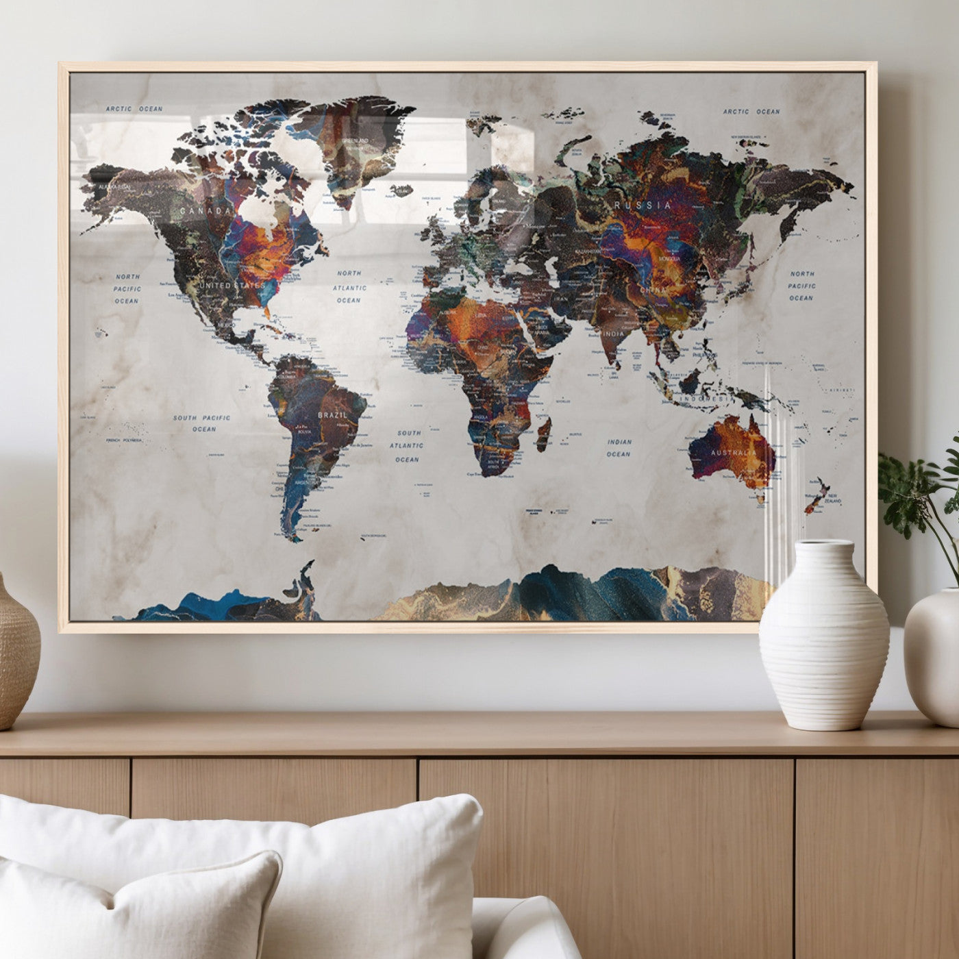 90881-MGV-FP-36X24-3P_Natural-Push Pin World Map Canvas Print – Travel Tracker Wall Art for Couples, Perfect Anniversary Gift for Home or Office Decor