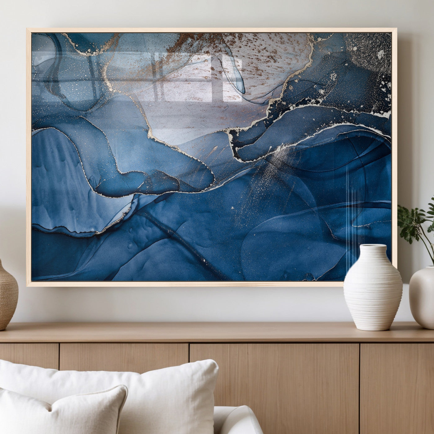 27810-MGV-FP-36X24-3P_Natural-Navy Blue Canvas Art Abstract Print – Elegant Triptych Modern Art Print – Contemporary Decor for Living Room or Office