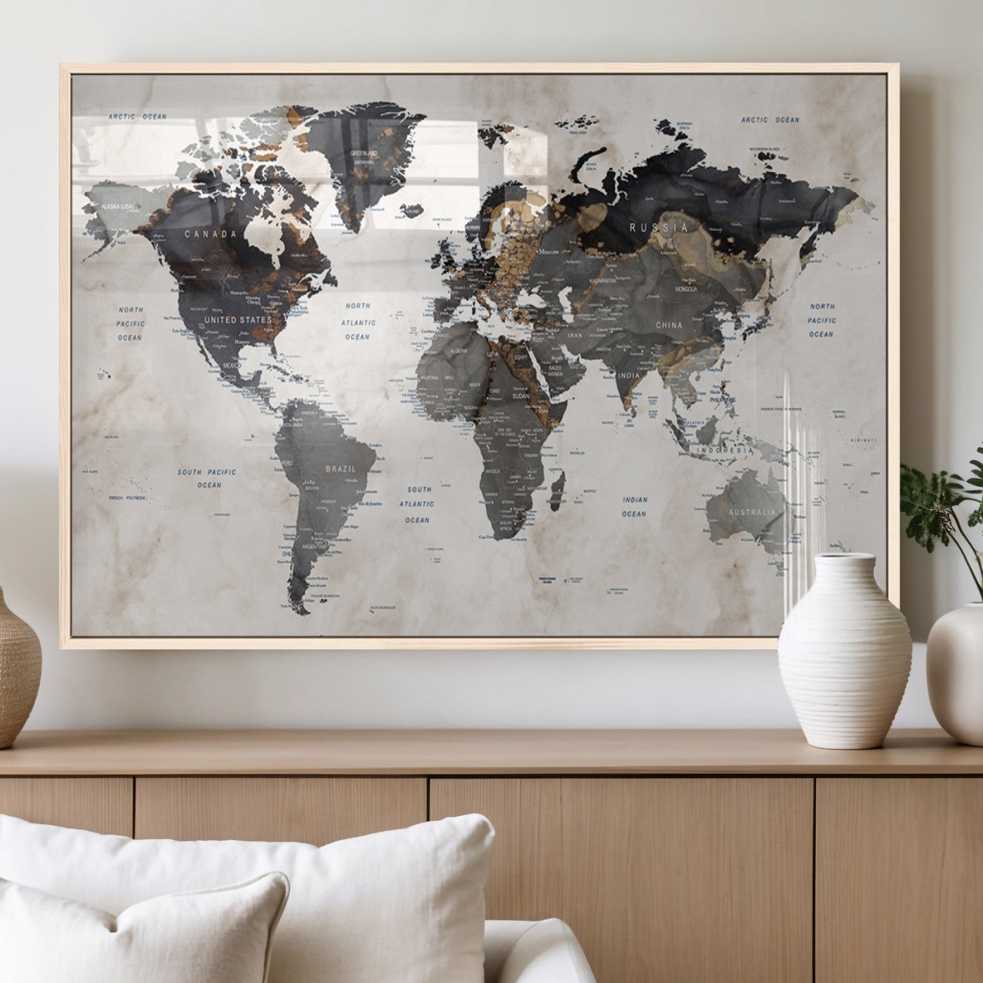 48937-MGV-FP-36X24-3P_Natural-Push Pin World Map Canvas Print – Framed Travel Tracker Wall Art for Couples, Romantic Anniversary Gift and Home Decor
