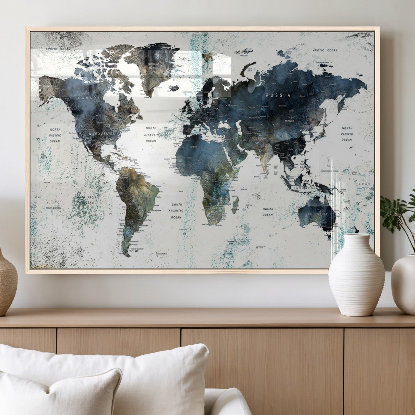 75398-MGV-FP-36X24-3P_Natural-Push Pin World Map Canvas Print – Travel Tracker Wall Art for Couples, Perfect Anniversary Gift for Home or Office Decor