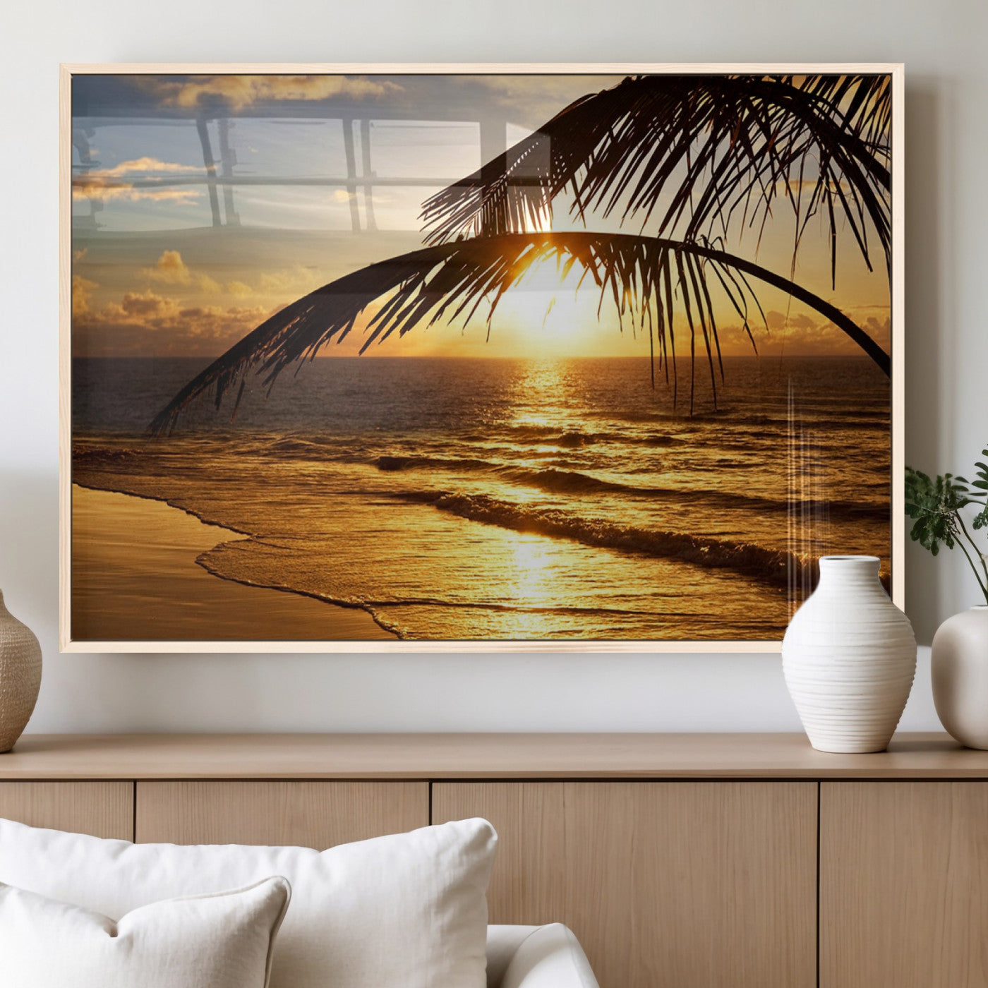 41507-MGV-FP-36X24-3P_Natural-Golden Tropical Beach Sunset Canvas Triptych, Coastal Palm Tree Wall Art, Ocean Shoreline Giclee