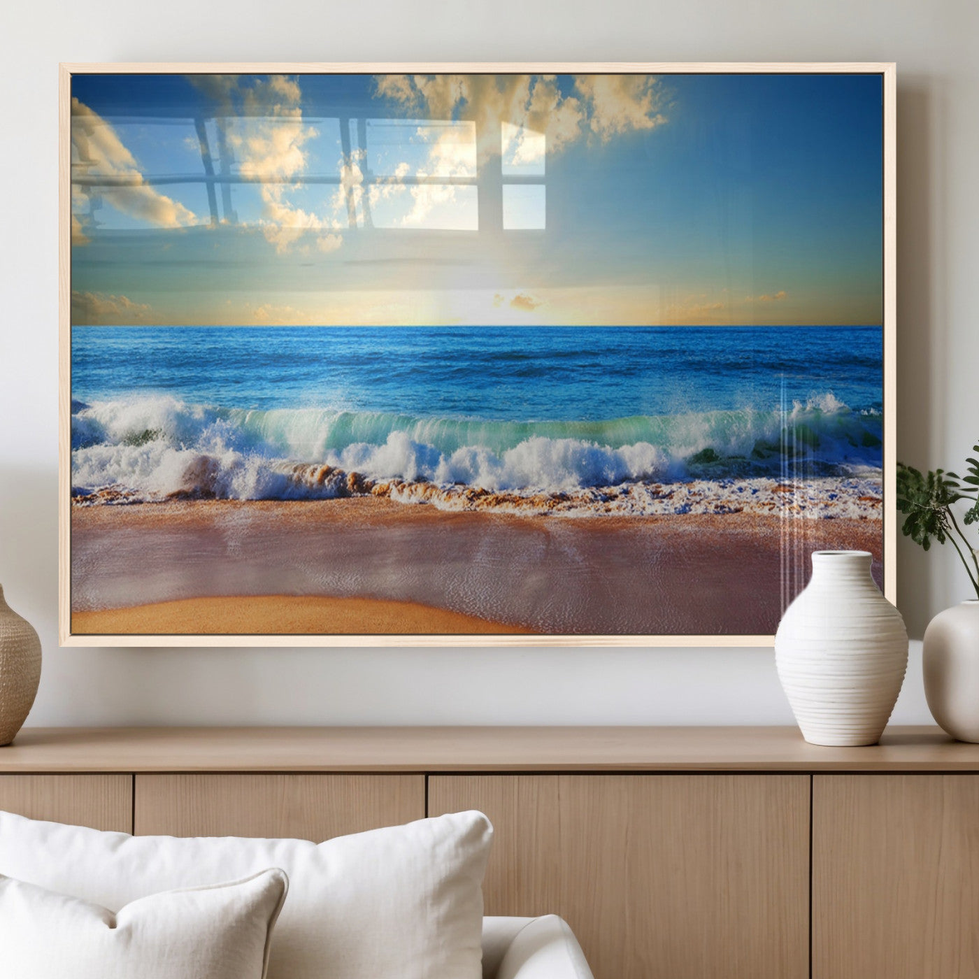 50522-MGV-FP-36X24-3P_Natural-Tropical Beach Sunset Canvas Art, Ocean Waves and Sandy Shoreline Wall Art, Large Beach Decor for