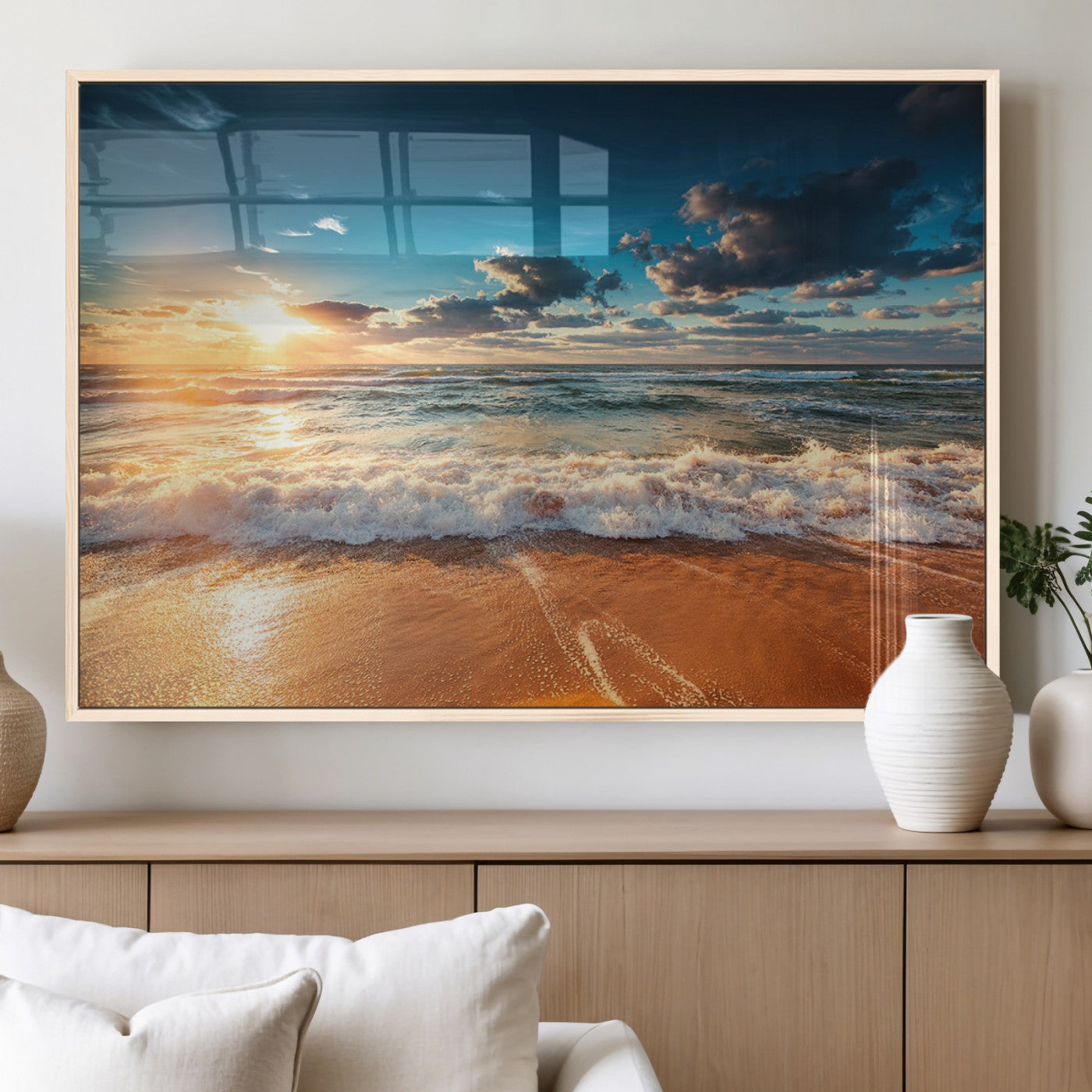 35648-MGV-FP-36X24-3P_Natural-Golden Sunset Beach Triptych Canvas Art, Giclee Coastal Wall Decor, Ocean Waves Print, Modern Beach