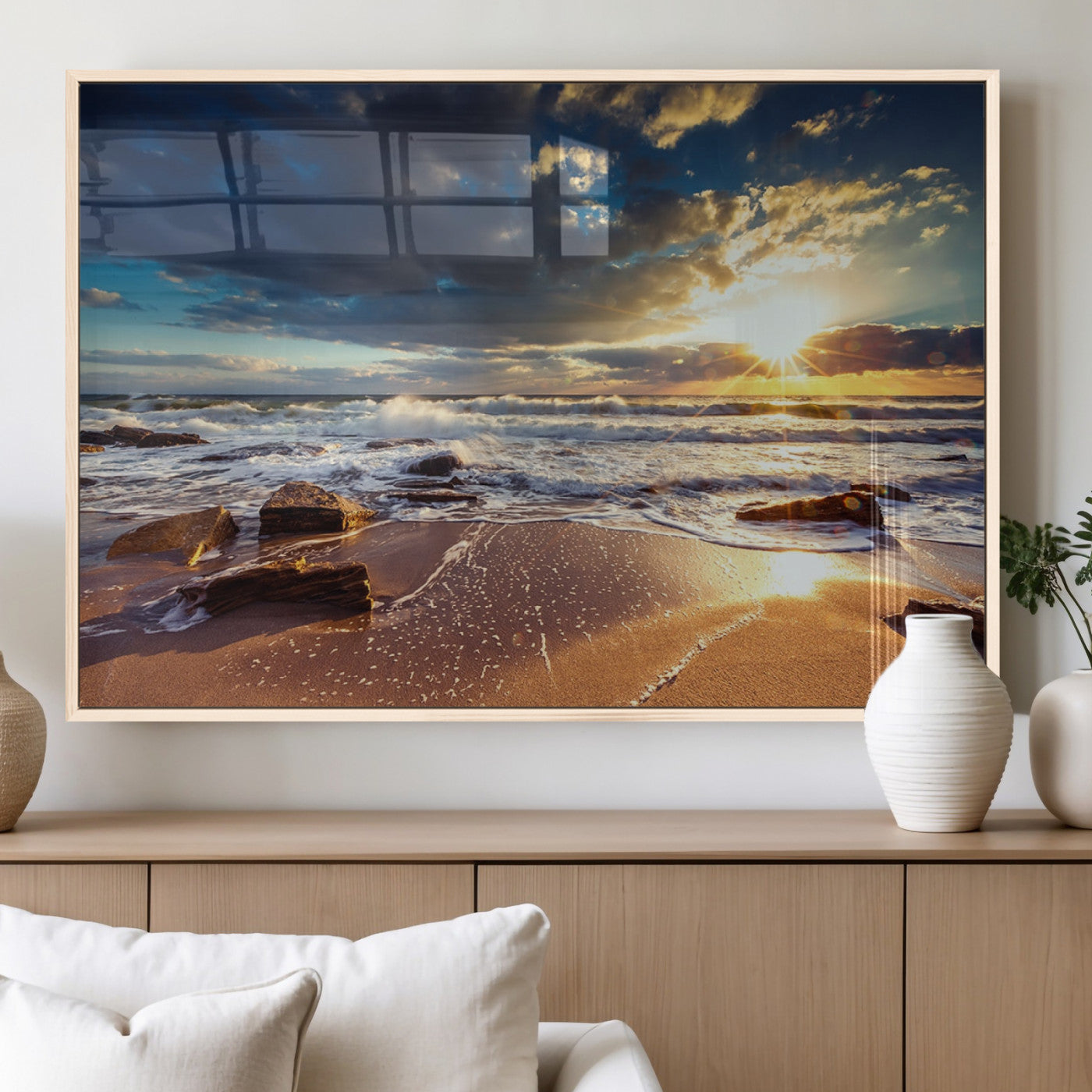 44481-MGV-FP-36X24-3P_Natural-Golden Hour Beach Sunset Canvas Triptych, Ocean Waves and Rocks Wall Art for Coastal Home Decor