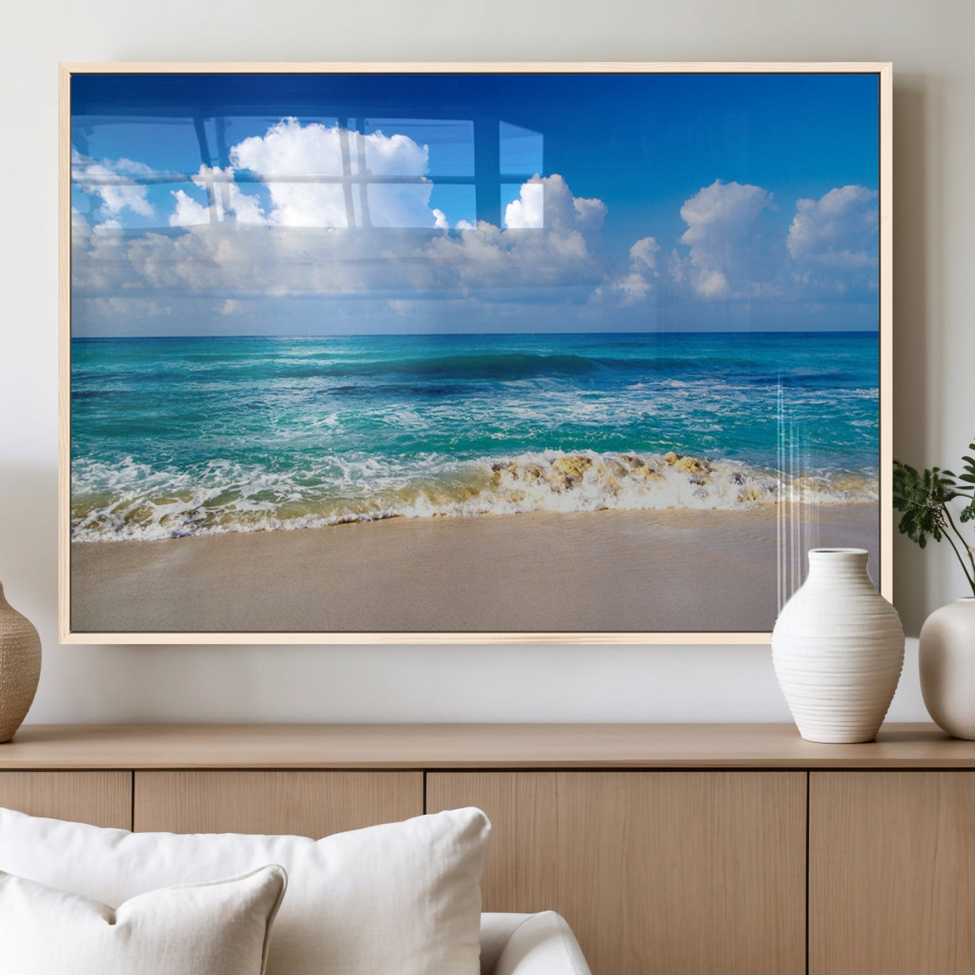 60364-MGV-FP-36X24-3P_Natural-Tropical Beach 3-Panel Canvas Wall Art – Serene Ocean Waves and Blue Sky Wall Art Print