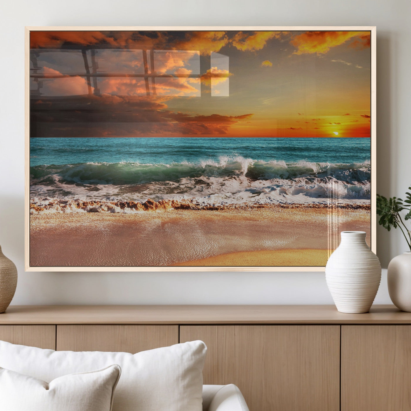 72948-MGV-FP-36X24-3P_Natural-Golden Sunset Beach Canvas Wall Art – Triptych Seascape Print – Framed and Ready to Hang for Living