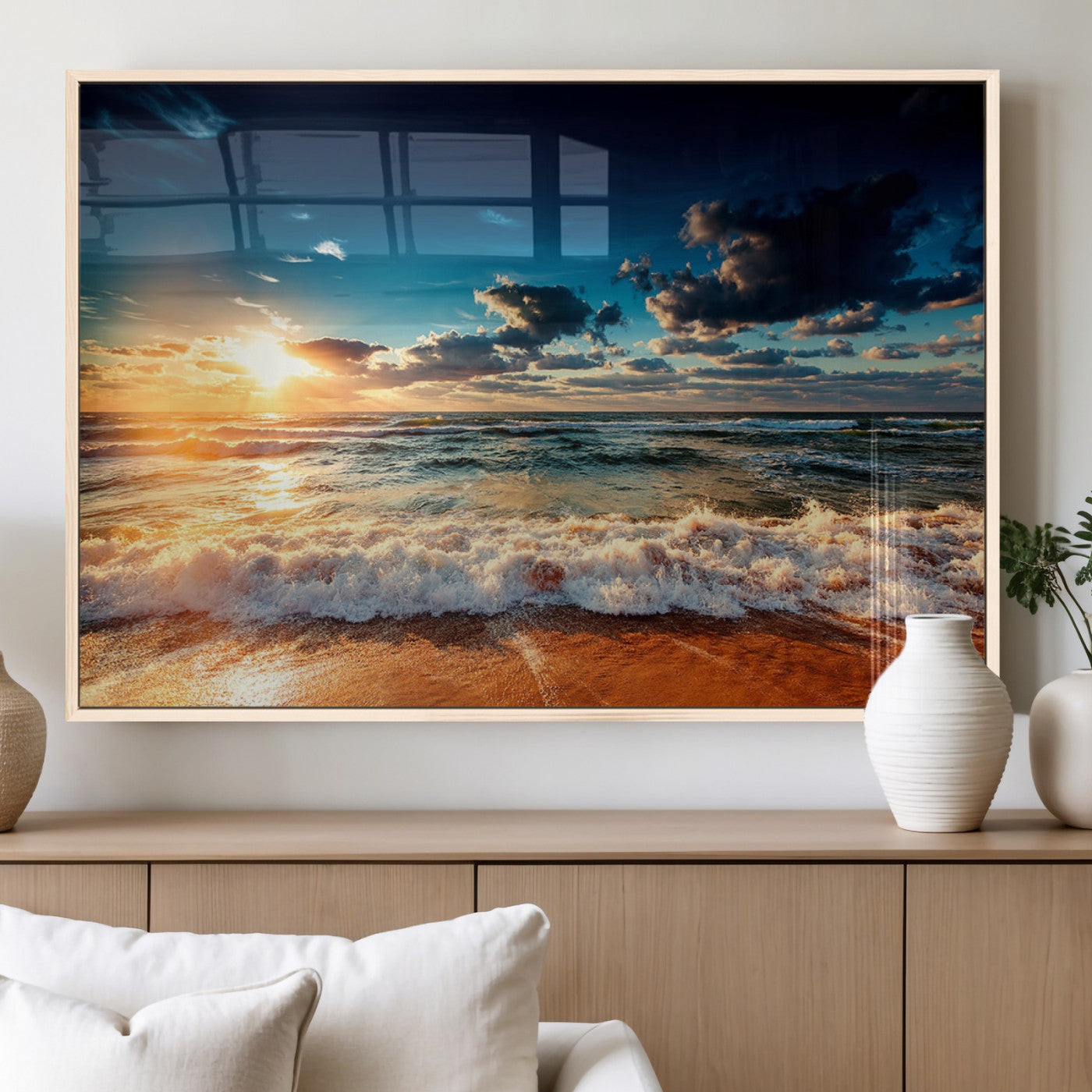 26996-MGV-FP-36X24-3P_Natural-Golden Hour Sunset Over Ocean Waves Wall Art Canvas Print | 3 Panel Coastal Landscape Canvas Wall