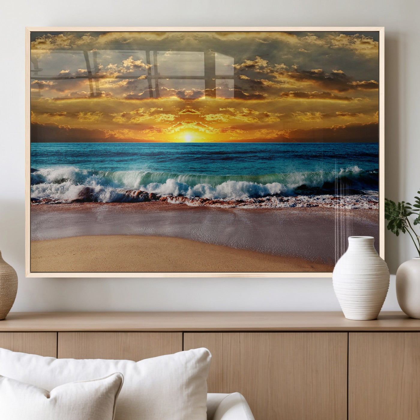 83389-MGV-FP-36X24-3P_Natural-Ocean Sunrise Over Golden Beach Waves, Giclee Canvas Wall Art Set, High-Quality Stretched Canvas