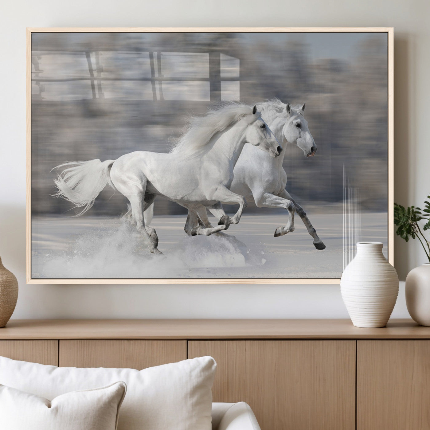 30973-MGV-FP-36X24-3P_Natural-The White Horses Wall Art, Framed White Horses Wall Art Canvas Print