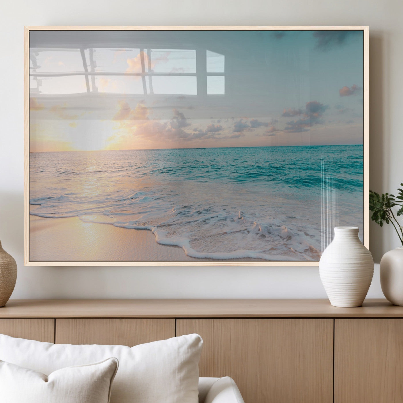 49620-MGV-FP-36X24-3P_Natural-Tranquil Ocean Beach Sunset Canvas Wall Art | 3-Panel Coastal Decor