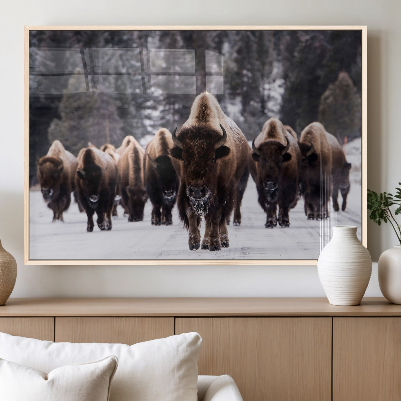 66871-MGV-FP-36X24-3P_Natural-Bison Wall Art Canvas Print- Bison Herd Canvas Wall Art – Majestic Wildlife Photography – Framed and