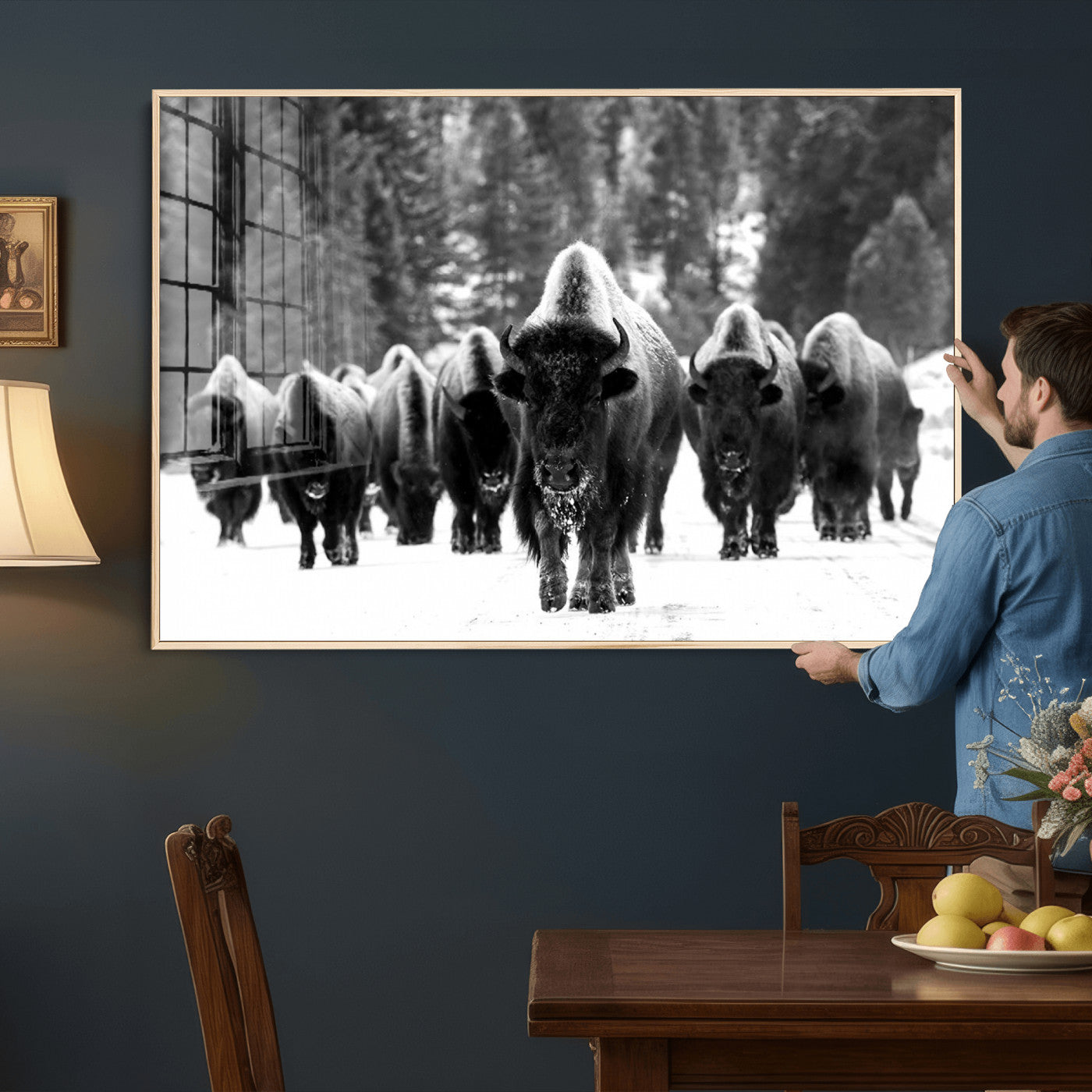 62434-MGV-CV-36X24 - Bison Herd in Snow Wall Art Canvas Print | Rustic Western Bison Wall Art for Decor for Living Room