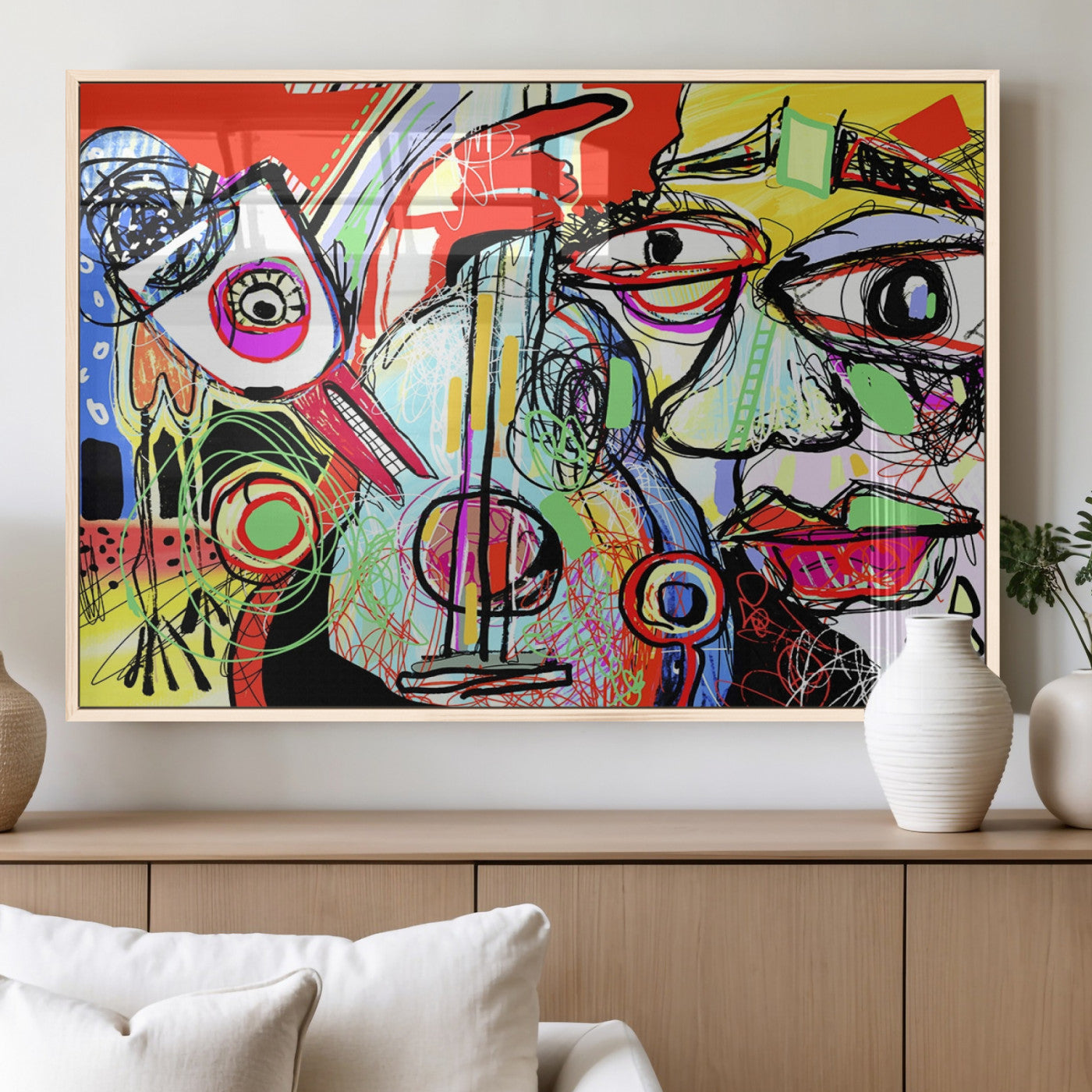 37796-MGV-FP-36X24-3P_Natural-Picasso Style Art Abstract Canvas Wall Art Print , Colorful Abstract Artwork