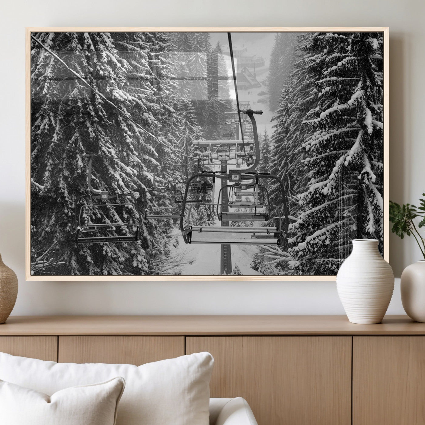 19240-MGV-FP-36X24-3P_Natural-Winter Ski Lift Black and White Canvas Wall Art – Alpine Escape in Minimalist Style – Winter Ski