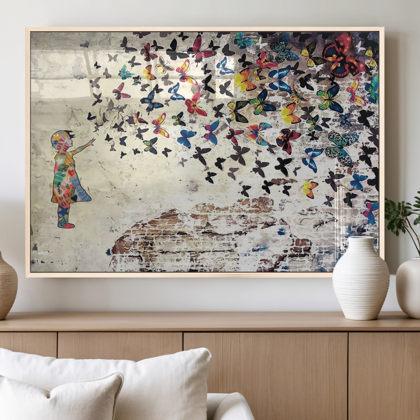 65208-MGV-FP-36X24-3P_Natural-Banksy Wall Art - Banksy Girl Butterfly Graffiti Wall Art Canvas Print - Butterfly Girl and Freedom