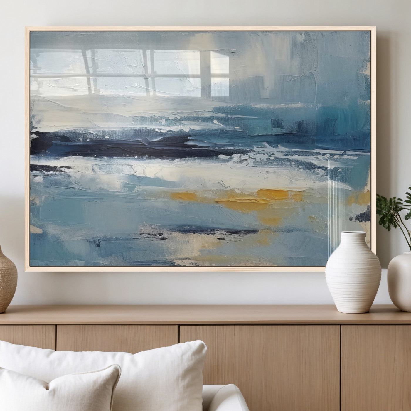 19746-MGV-FP-36X24-3P_Natural-Abstract Ocean Canvas Wall Art - Coastal Blue and Gold Textured Painting, Modern Seascape Decor for