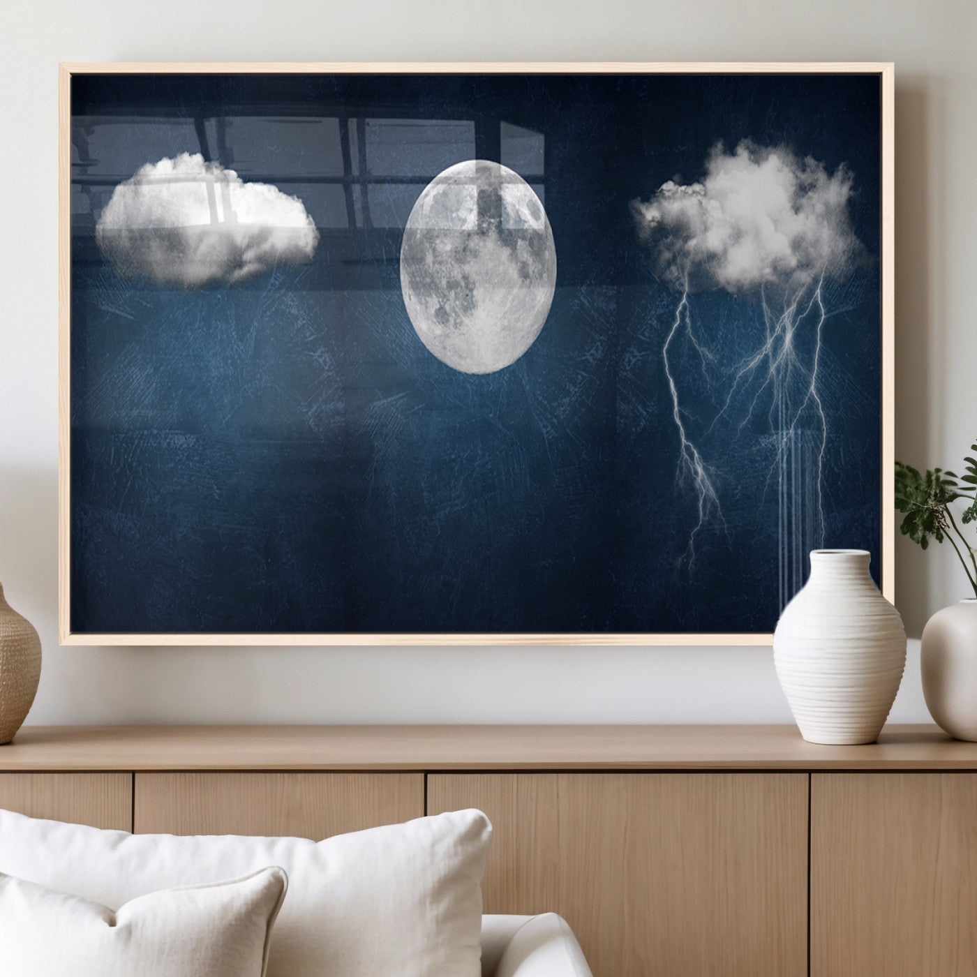 96569-MGV-FP-36X24-3P_Natural-Dark Blue Cloud Art, 3 Piece Indigo Blue Wall Art, Aesthetic Surreal Art, Thunderstorm Moon Cloud