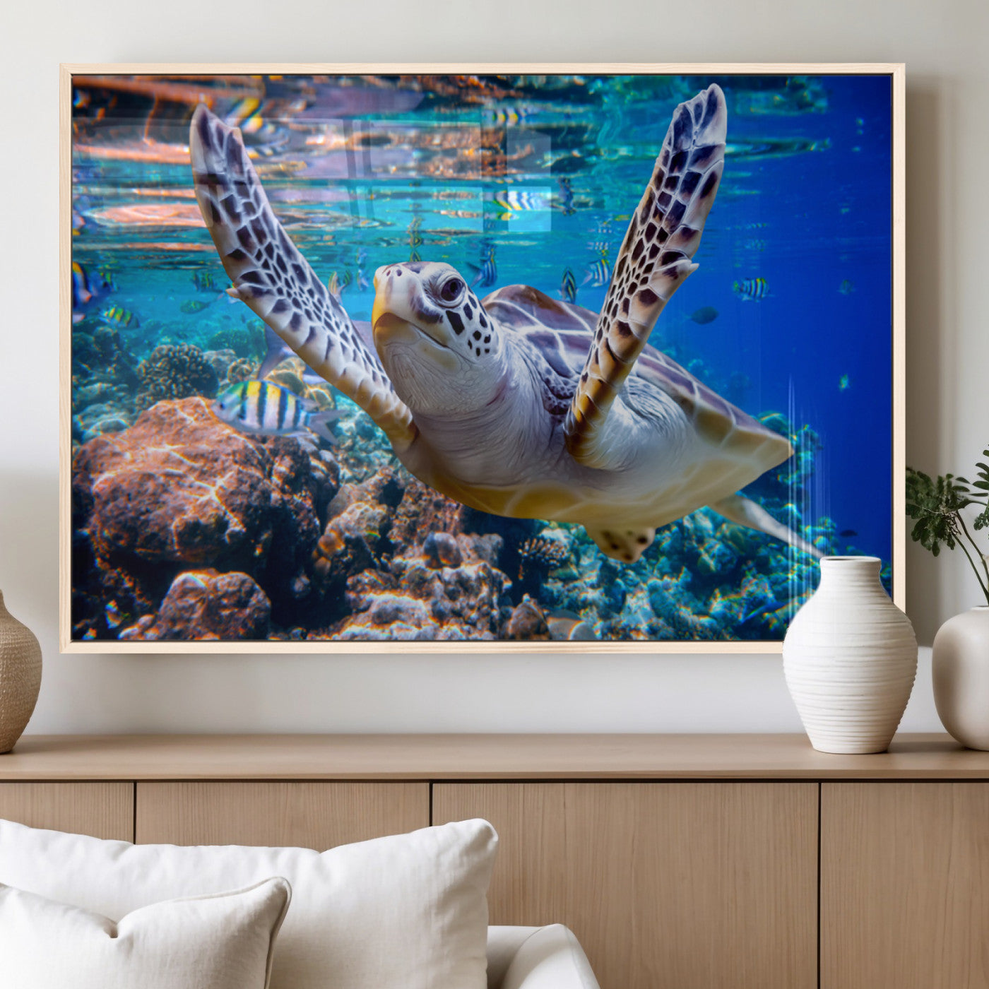 12683-MGV-FP-36X24-3P_Natural-Underwater Sea Turtle Wall Art Canvas Print – Vibrant Ocean Coral Reef Décor, Ready to Hang