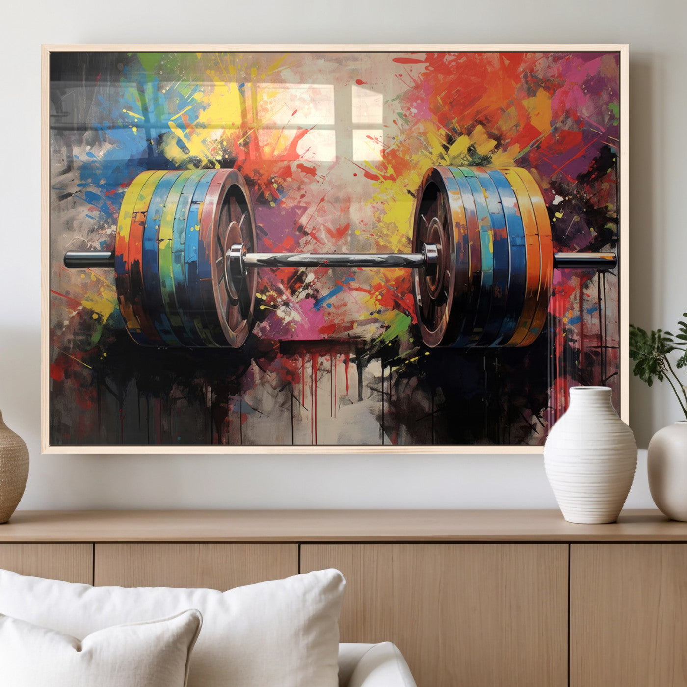 80436-MGV-FP-36X24-3P_Natural-Weightlifting Barbell Art Triptych, Bold Abstract Fitness Wall Decor for Gym or Home, Giclee Canvas