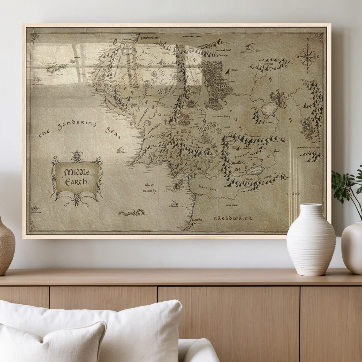 21784-MGV-FP-36X24-3P_Natural-Vintage Middle Earth Map Wall Art Canvas – Lord of the Rings Inspired Framed Map Print, Classic Fantasy Decor for Home, Office