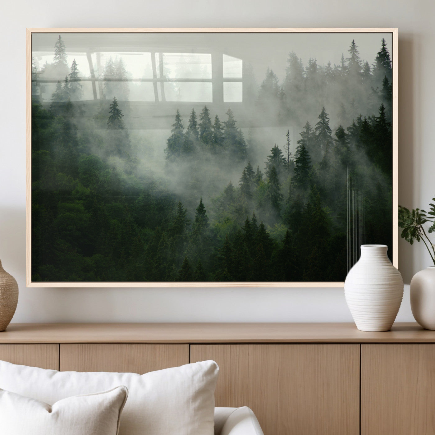 167720496-MGV-FP-36X24-3P_Natural-Misty Forest Wall Art – Tranquil Green Woodland Canvas Print, Nature Landscape Decor for Living Room, Bedroom or Office