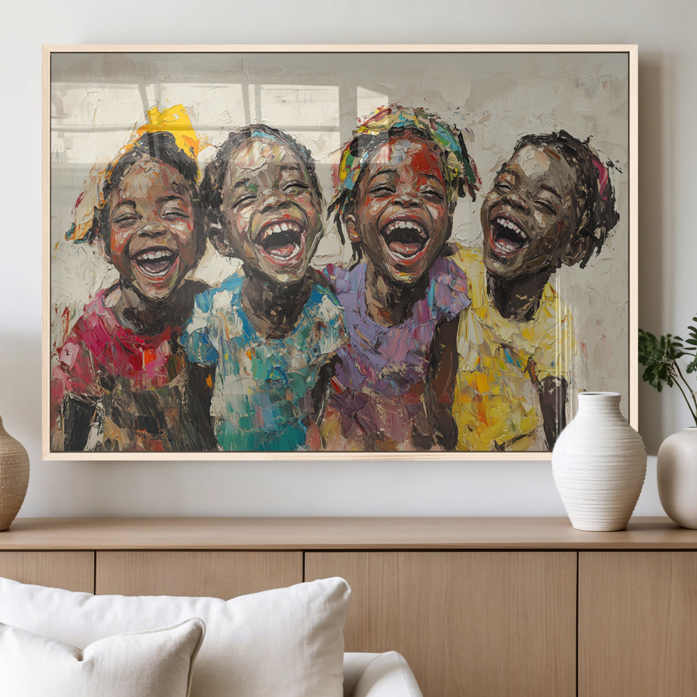 93034-MGV-FP-36X24-3P_Natural-Shai Yossef style Joyful Childhood Canvas Wall Art - Expressive Impasto Painting of Black Children