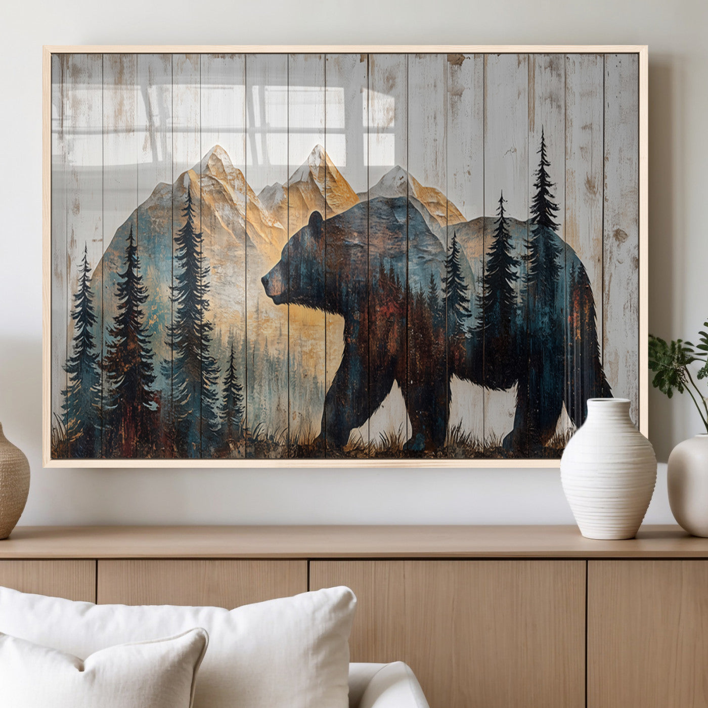 90077-MGV-FP-36X24-3P_Natural-Rustic Bear Wall Art - Grizzly 399 Bear Wall Art - Mountain Wood Canvas Wall Art - Nature Theme