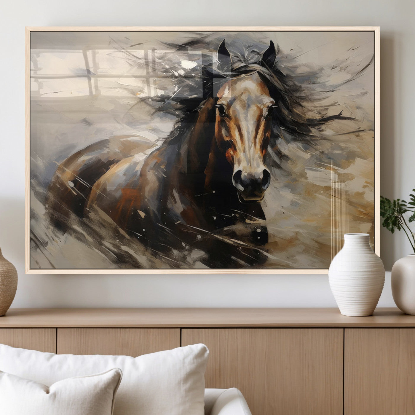 53001-MGV-FP-36X24-3P_Natural-Abstract Wall Art Horse Print - Large Western Horse Canvas - Farmhouse Woodland Wall Art - Framed