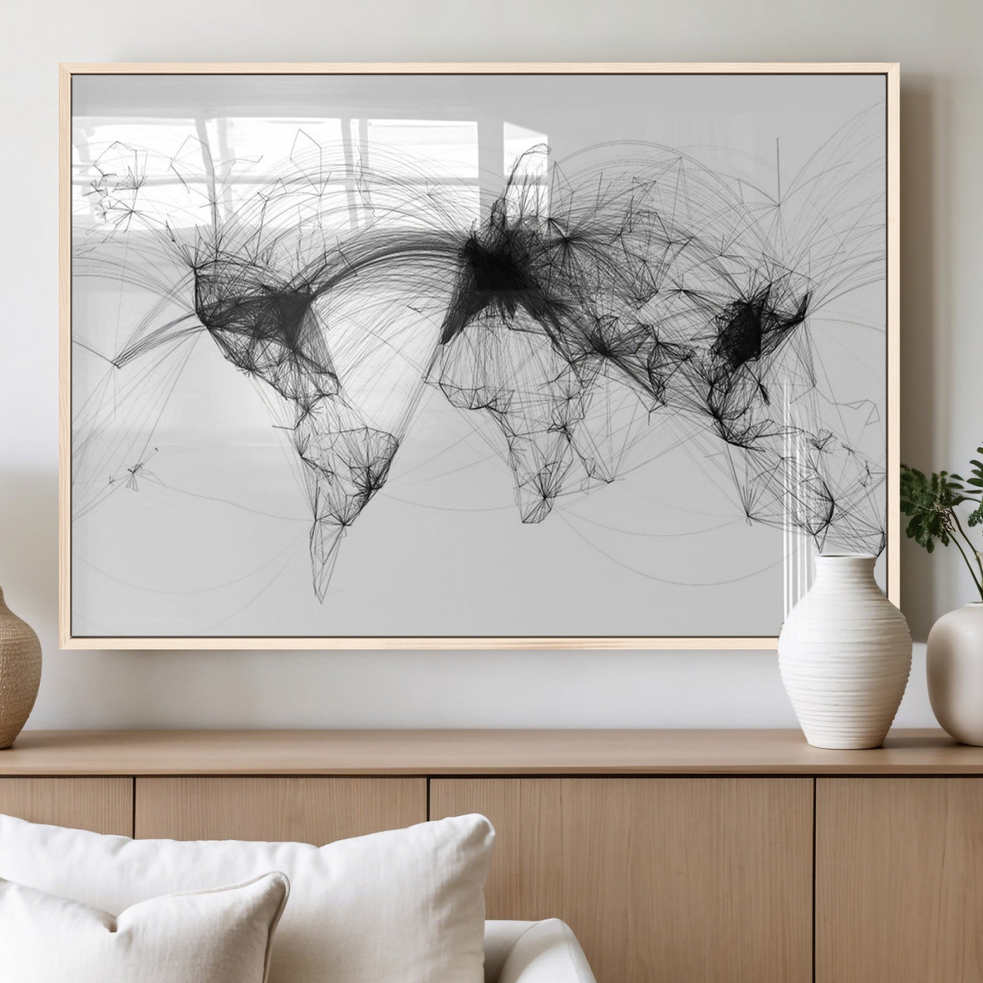 50136-MGV-FP-36X24-3P_Natural-Abstract World Map Wall Art – Framed Geometric Line Canvas Artwork, Modern Global Design, Contemporary Decor for Home, Office