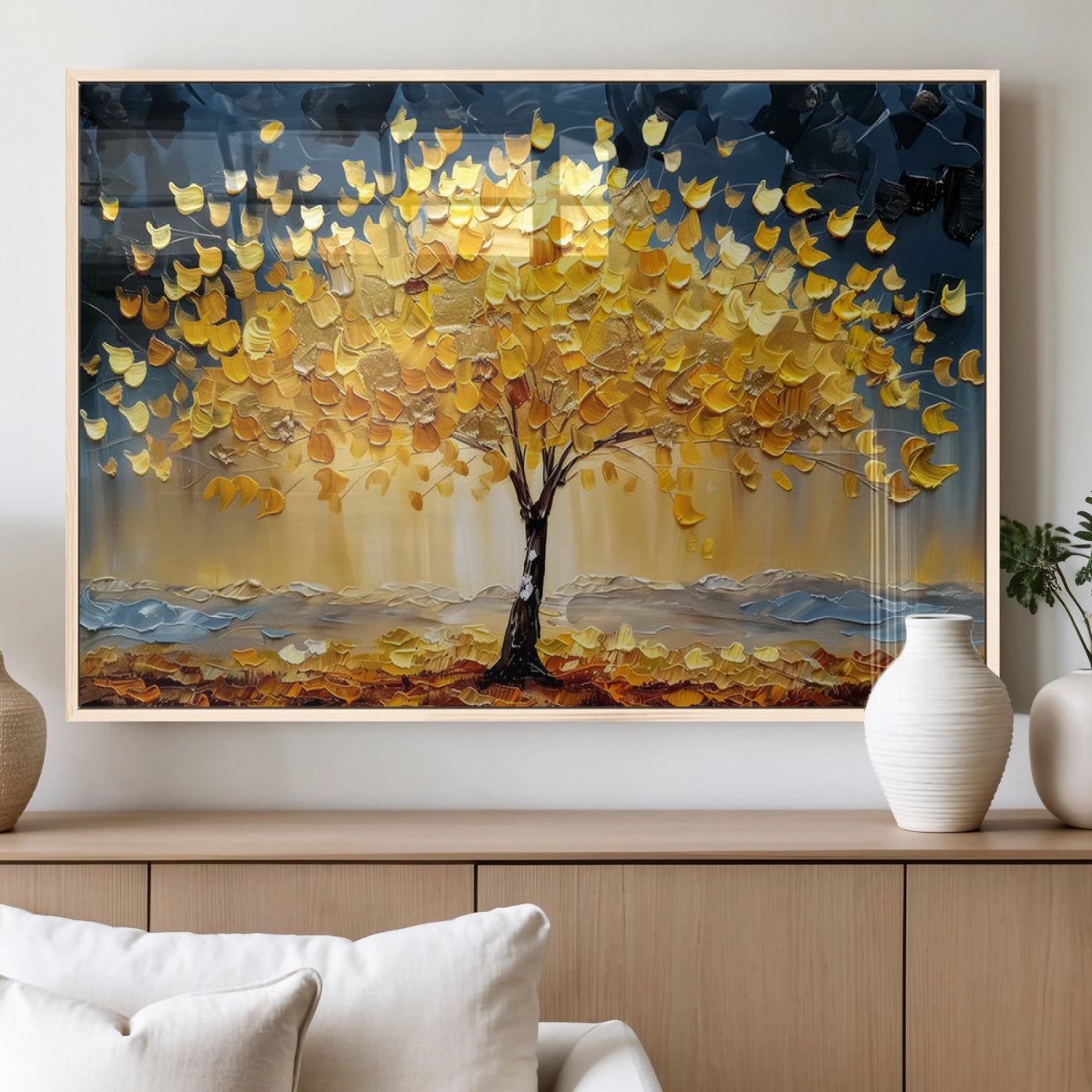 45682-MGV-FP-36X24-3P_Natural-Golden Autumn Tree Wall Art – Framed Fall Leaves Canvas Artwork, Vibrant Seasonal Design, Cozy Nature Decor for Home, Office