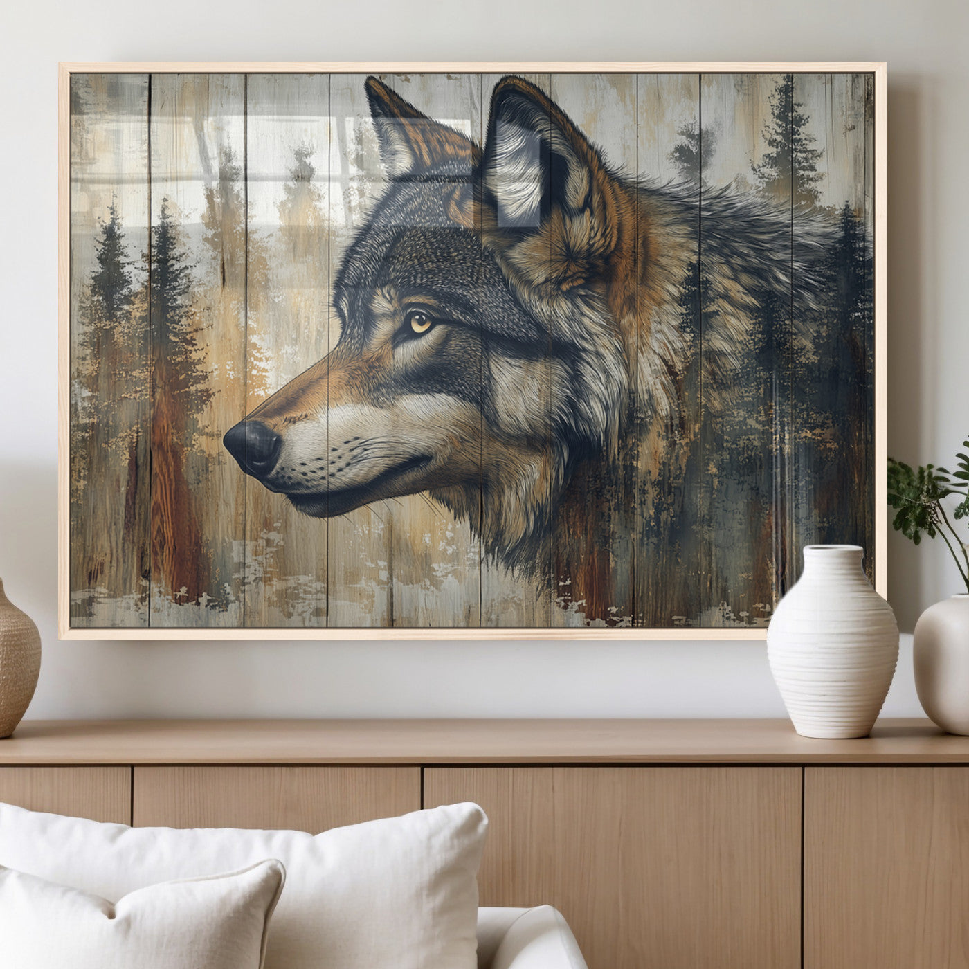 91882-MGV-FP-36X24-3P_Natural-Rustic Wolf Wall Art Canvas Print, Vintage Woodland Wolf Wall Art
