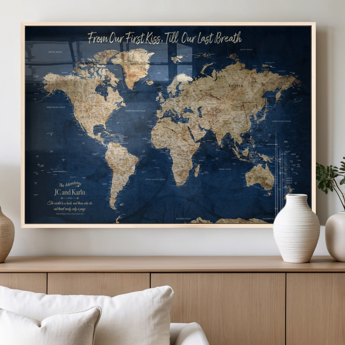 56122A-MGV-FP-36X24-3P_Natural-Personalized Push Pin World Map Canvas Print – Custom Couple Travel Tracker Wall Art, Framed Anniversary Gift for Home Decor