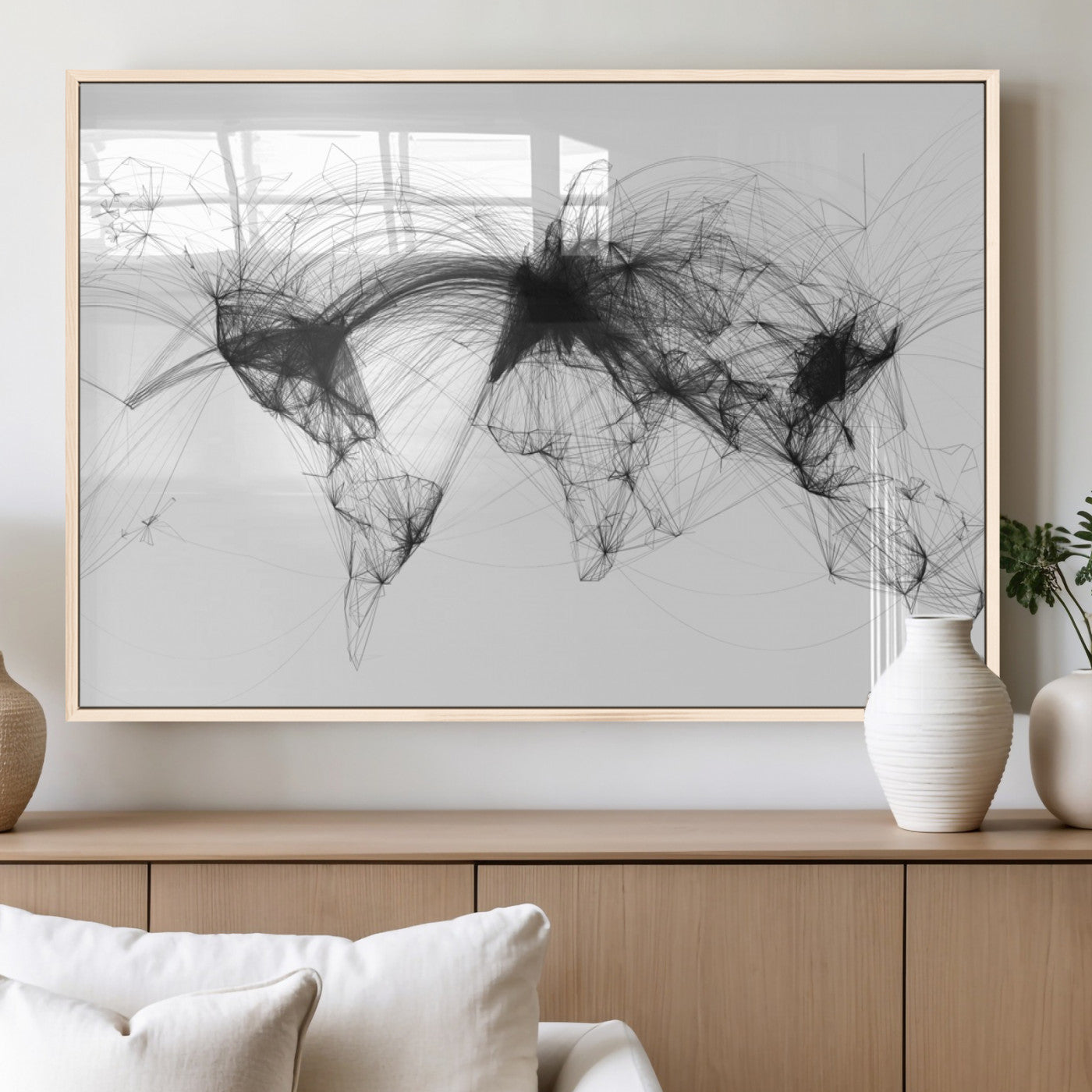 Black-Flight-Routes-MGV-FP-36X24-3P_Natural-Flight Routes Air Traffic Map Canvas Wall Art - Framed - Ready to Hang
