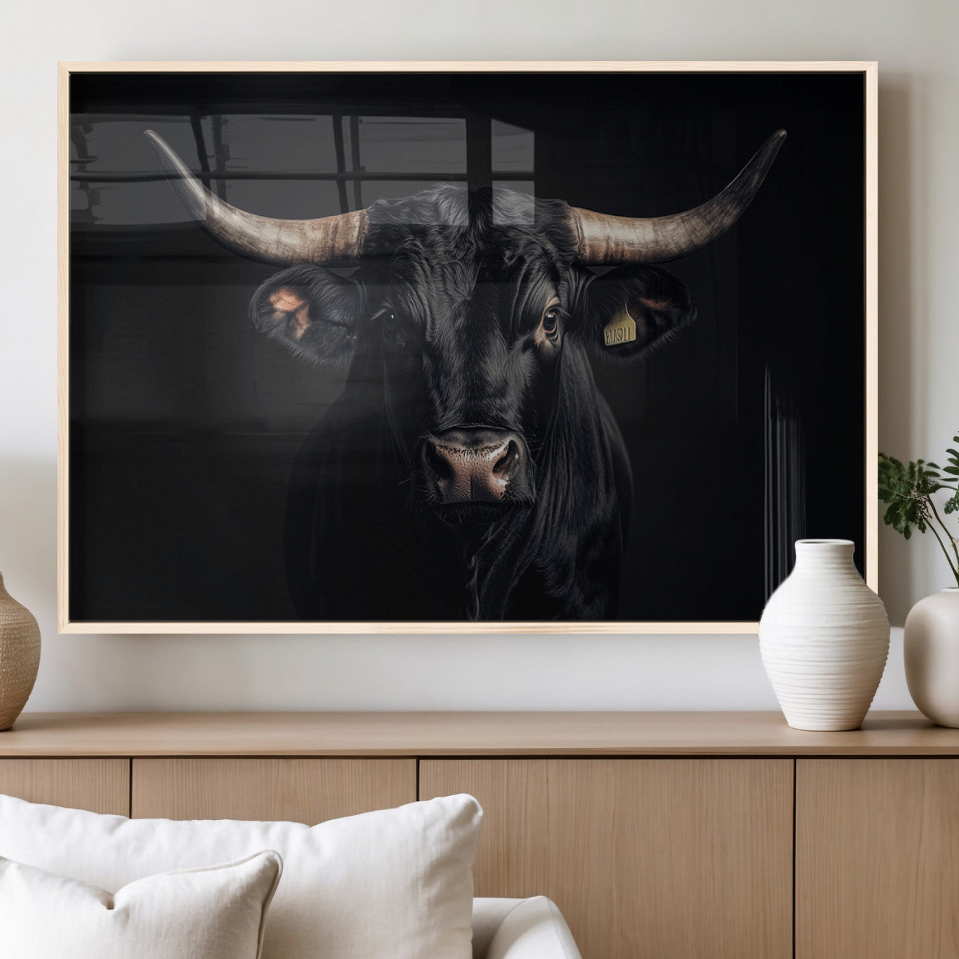 MGV-FP-36X24-3P - Black Bull Wall Art – Framed Horned Bull Canvas Artwork, Western Cattle Design, Rustic Ranch Style Decor for Home, Office