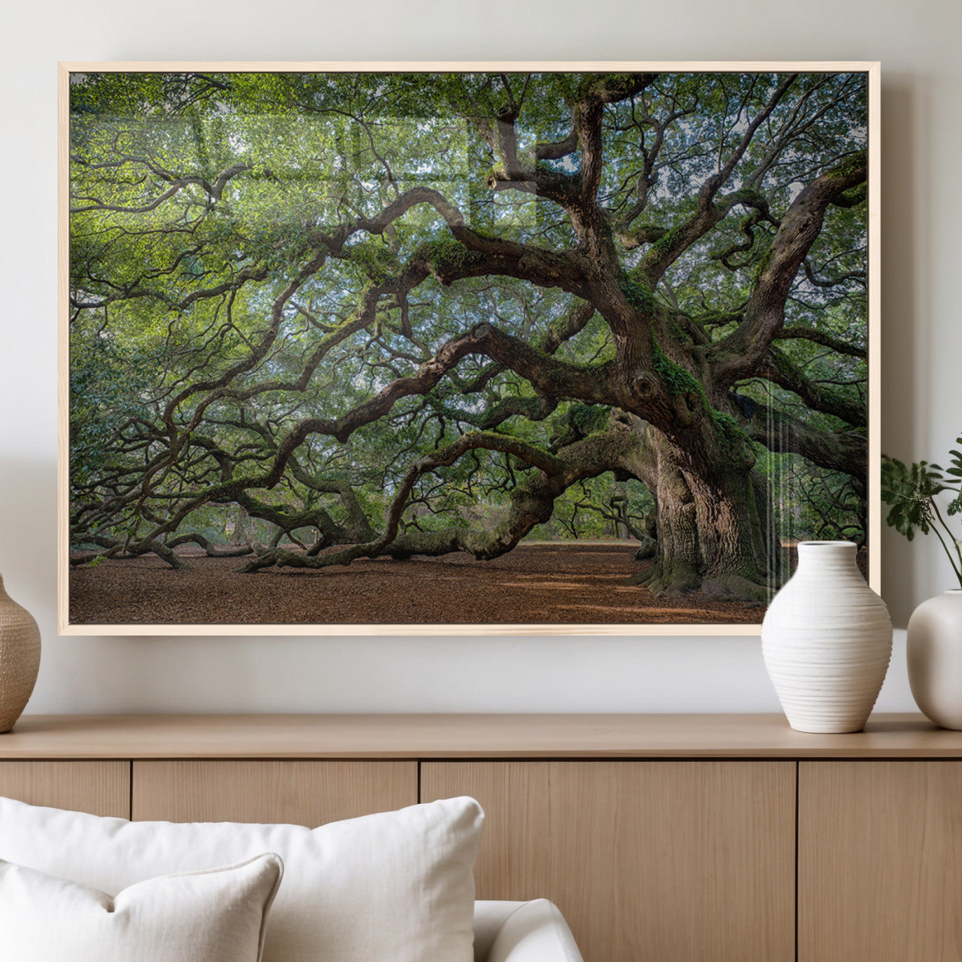 MGV-FP-36X24-3P - Ancient Oak Tree Wall Art – Canvas Print of Expansive Branches Lush Green Canopy, Tranquil Landscape, Majestic Nature Decor for Home or Office