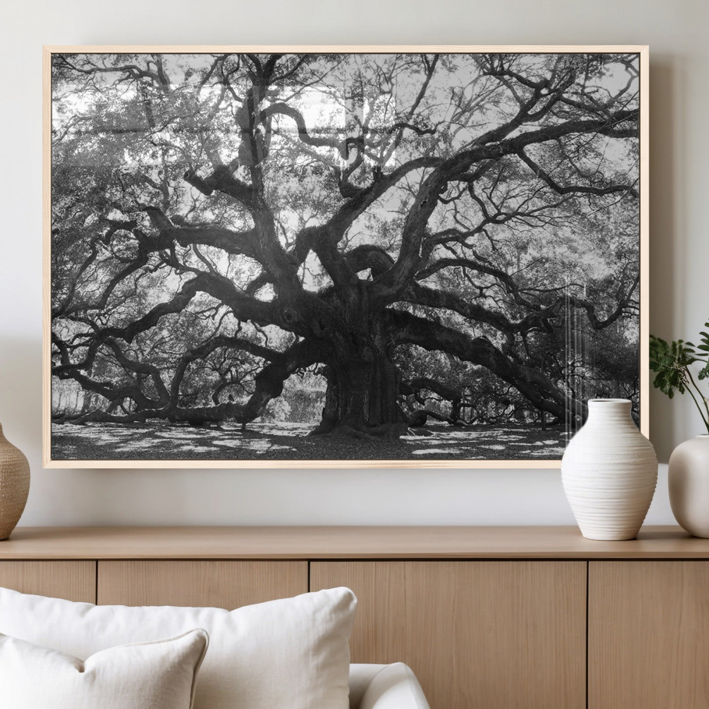 81655611-MGV-FP-36X24-3P_Natural-Ancient Oak Wall Art Canvas Print – Gnarled Tree Twisted Branches Dramatic Sky Moody Nature Artwork for Home Office
