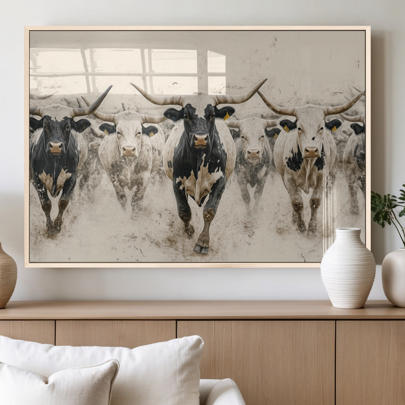 MGV-FP-36X24-3P - Cream Dust Longhorn Wall Art – Canvas Print of Western Herd Stampede, Dynamic Charge, Rustic Prairie Motion, Bold Nature Farm Decor