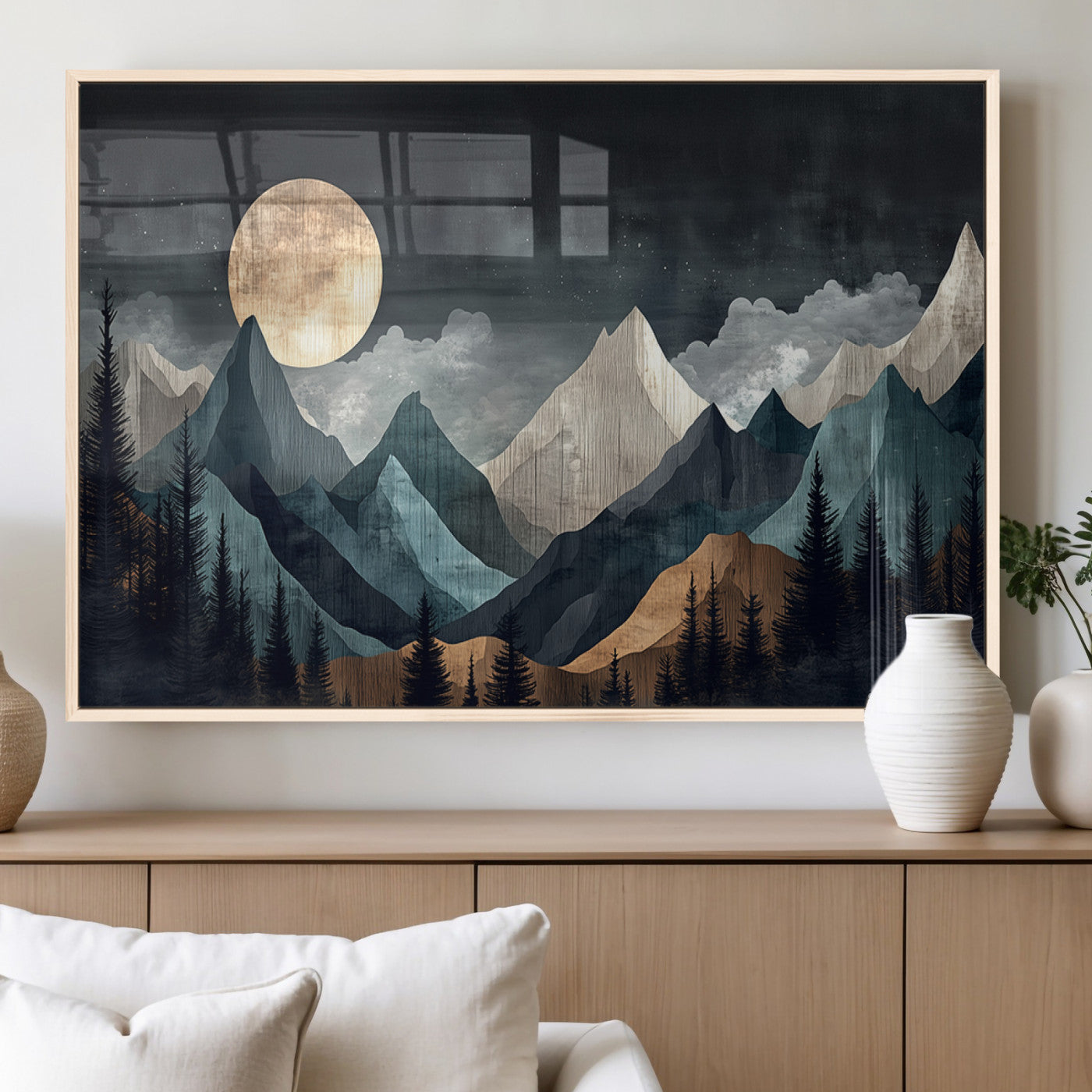 11060882-MGV-FP-36X24-3P_Natural-Moonlit Mountain Wall Art Canvas Print – Silhouetted Pines Layered Peaks Tranquil Sky Mist Silver Light Nature Artwork for Home